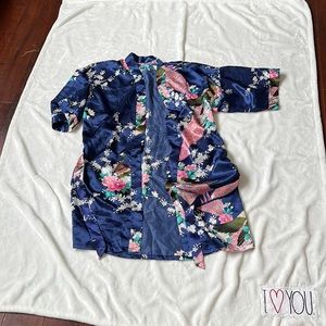 Navy blue kimono with floral and peacock print